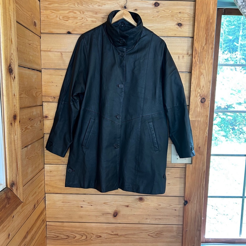 Vintage Leather Coat Car Jacket Women Large Black Indie Sleaze Grunge Goth MCM